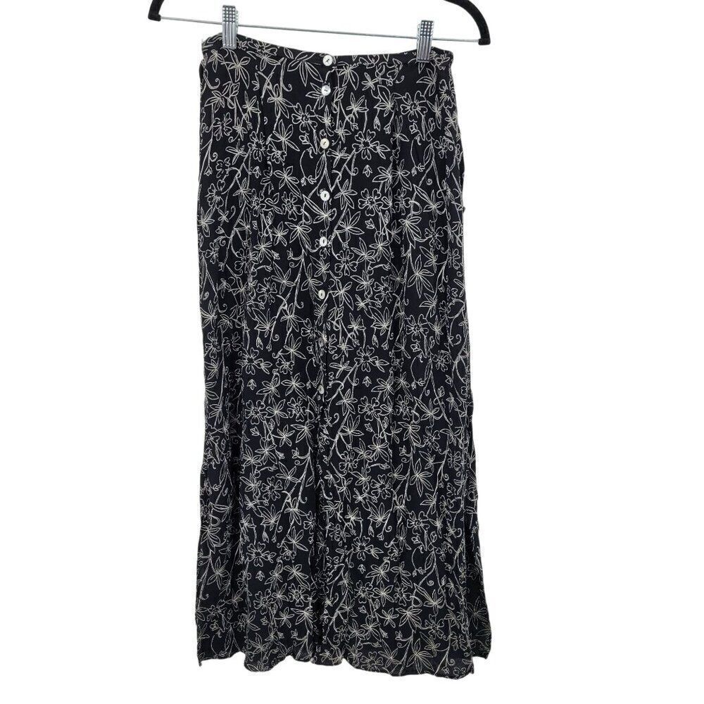Vintage Maxi Skirt M Black White Floral Rayon Button Front Multiple Slits Made I